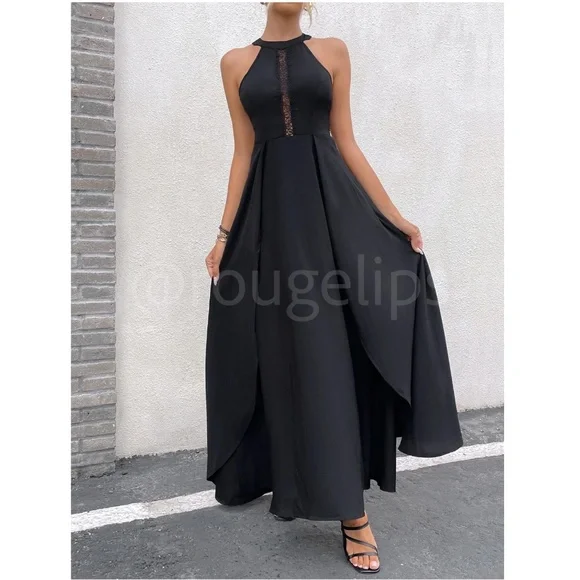 Black Elegant Maxi Dress Lace Halter Neckline Zip Back Flared Long Leg Slit - Picture 5 of 8